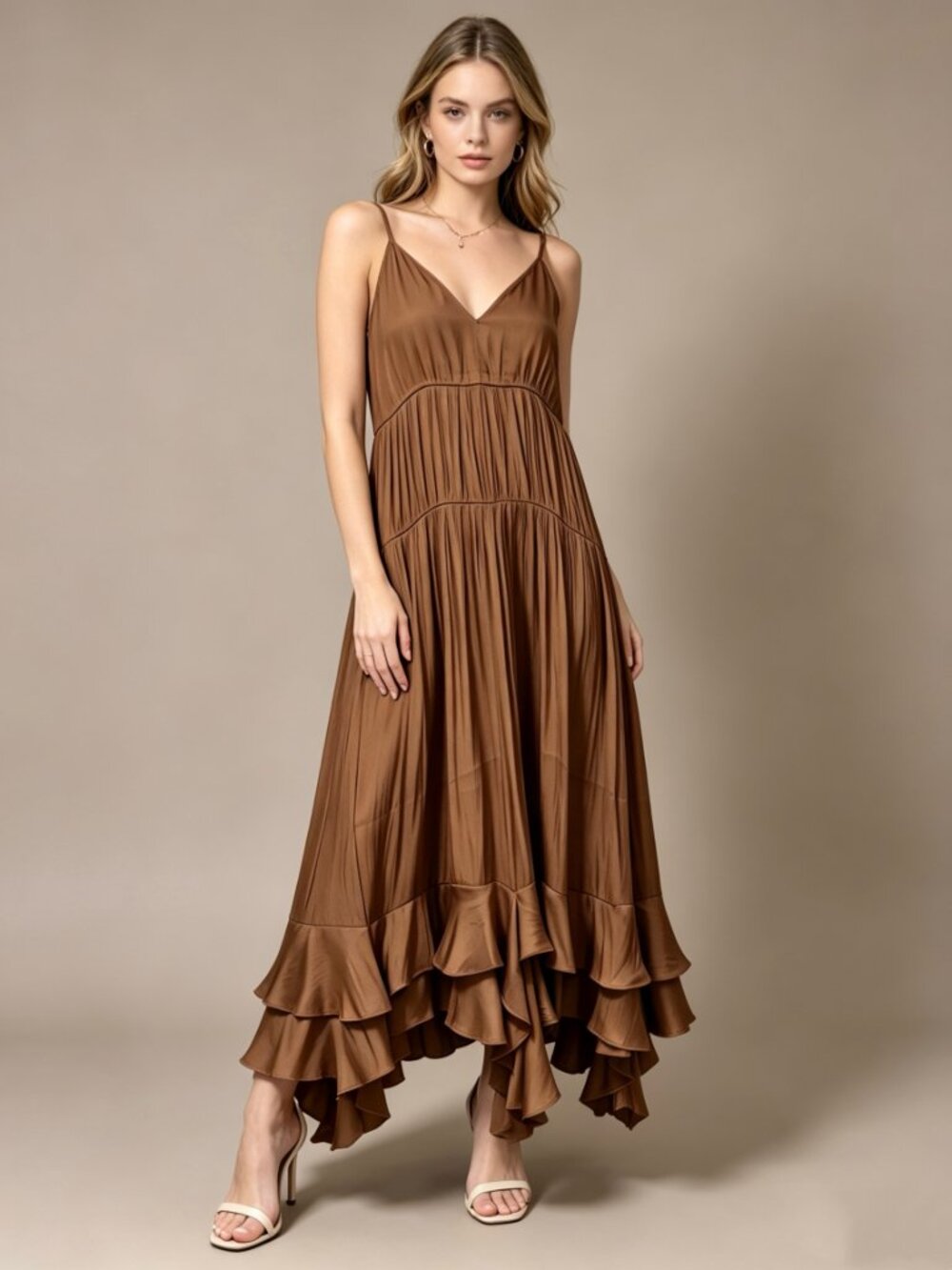 NWOT Farm Rio Ruffled Sleeveless V-Neck Midi Dress Brown Size S